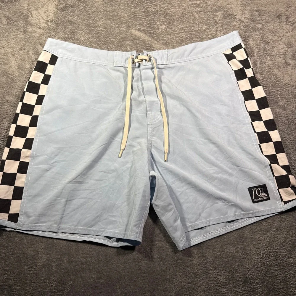Quiksilver Board Shorts‎ Mens 40 Light Blue Checkered Side Stripe Swim Trunks